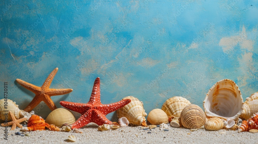 Poster shells and starfish on the ocean floor beach theme travel idea empty space for text