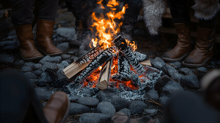 People gathered around a campfire on a cold winter night.