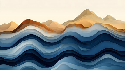 Fototapeta premium Abstract paper cut mountains and ocean waves in blue, brown, and beige colors.