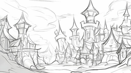 Obraz premium Sketch of a medieval fantasy city with towers and spires, overlooking a valley.