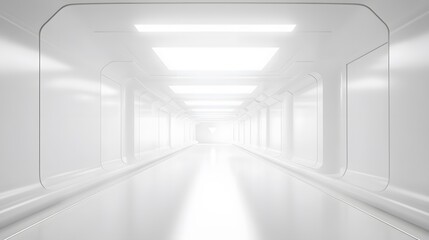 Obraz premium A futuristic white hallway with a glowing light at the end,white hallway with a bright light at the end,Empty white futuristic corridor with a glowing light in the distance