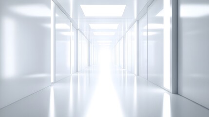 Obraz premium A futuristic white hallway with a glowing light at the end,white hallway with a bright light at the end,Empty white futuristic corridor with a glowing light in the distance