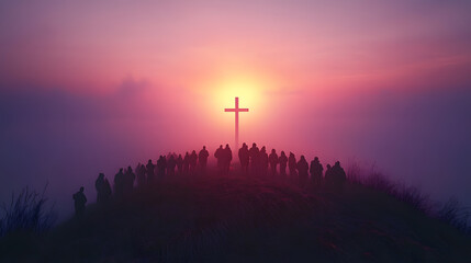 
Easter sunrise service on hillside, cross silhouette, congregation gathered, morning fog, emotional atmosphere, contemporary setting, photorealistic style