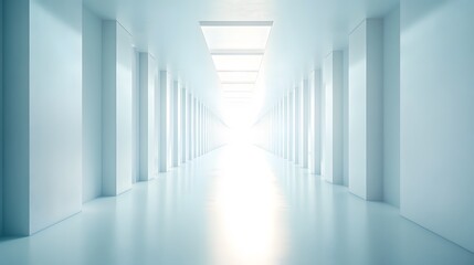 A futuristic white hallway with a glowing light at the end,white hallway with a bright light at the end,Empty white futuristic corridor with a glowing light in the distance