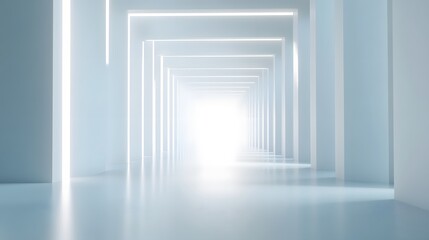 Fototapeta premium A futuristic white hallway with a glowing light at the end,white hallway with a bright light at the end,Empty white futuristic corridor with a glowing light in the distance