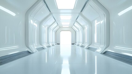 Obraz premium A futuristic white hallway with a glowing light at the end,white hallway with a bright light at the end,Empty white futuristic corridor with a glowing light in the distance