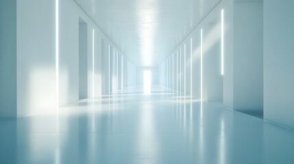 Obraz premium A futuristic white hallway with a glowing light at the end,white hallway with a bright light at the end,Empty white futuristic corridor with a glowing light in the distance