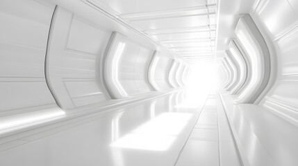 Fototapeta premium A futuristic white hallway with a glowing light at the end,white hallway with a bright light at the end,Empty white futuristic corridor with a glowing light in the distance