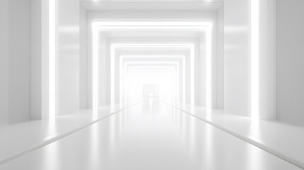 Obraz premium A futuristic white hallway with a glowing light at the end,white hallway with a bright light at the end,Empty white futuristic corridor with a glowing light in the distance