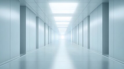 Obraz premium A futuristic white hallway with a glowing light at the end,white hallway with a bright light at the end,Empty white futuristic corridor with a glowing light in the distance
