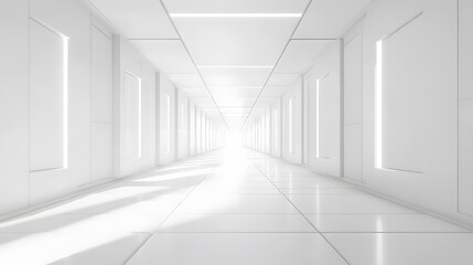 Obraz premium A futuristic white hallway with a glowing light at the end,white hallway with a bright light at the end,Empty white futuristic corridor with a glowing light in the distance