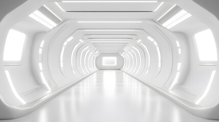 Obraz premium A futuristic white hallway with a glowing light at the end,white hallway with a bright light at the end,Empty white futuristic corridor with a glowing light in the distance