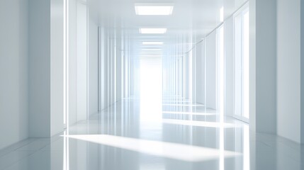 Obraz premium A futuristic white hallway with a glowing light at the end,white hallway with a bright light at the end,Empty white futuristic corridor with a glowing light in the distance