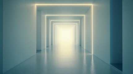 A futuristic white hallway with a glowing light at the end,white hallway with a bright light at the end,Empty white futuristic corridor with a glowing light in the distance