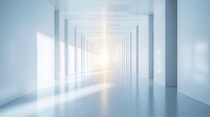 Fototapeta premium A futuristic white hallway with a glowing light at the end,white hallway with a bright light at the end,Empty white futuristic corridor with a glowing light in the distance