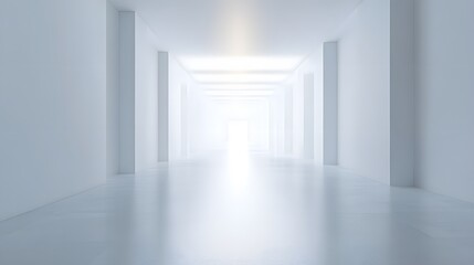 A futuristic white hallway with a glowing light at the end,white hallway with a bright light at the end,Empty white futuristic corridor with a glowing light in the distance