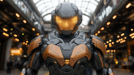 Obraz premium Futuristic soldier wearing advanced armor and helmet.