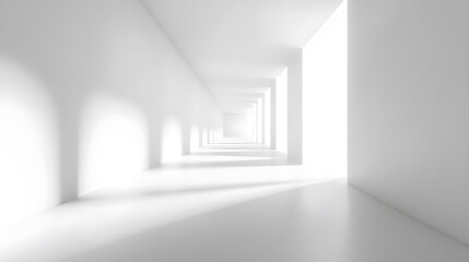 Fototapeta premium A futuristic white hallway with a glowing light at the end,white hallway with a bright light at the end,Empty white futuristic corridor with a glowing light in the distance
