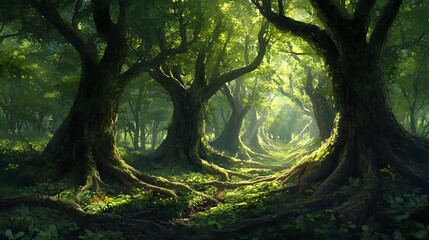 Sunlight Filtering Through a Dense Forest Canopy, Illuminating the Path Ahead, Enchanting Wilderness with Lush Greenery