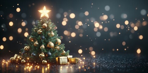 Obraz premium 3D rendering of a Christmas tree with golden lights and stars.