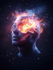 A human mind transformed into a luminous galaxy, showcasing the vastness of thoughts and creativity.