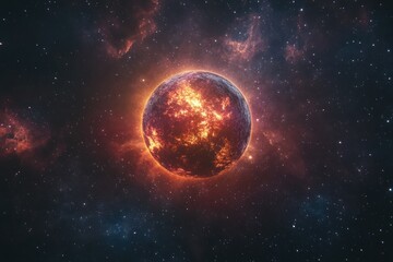 Naklejka premium Vibrant Celestial Planet Surrounded by Nebulae