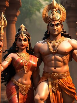 3D Cartoon of hindu god ram and seetha