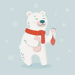 Cute little polar bear wearing warm red scarf holding new year decoration.  Funny animal celebrating New Year and Christmas. Vector illustration.  