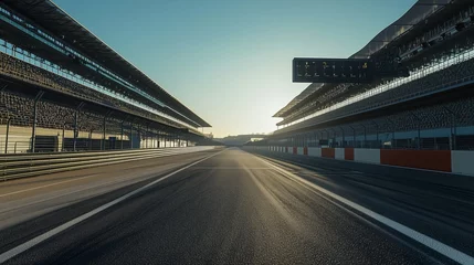  A dramatic, empty racing track under a clear sky, with spectator seats lining the sides. The stillness contrasts with the vibrant anticipation in the air, as if waiting for the action to begin. © Julia