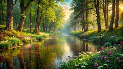 Tranquil forest landscape with river, trees, and flowers