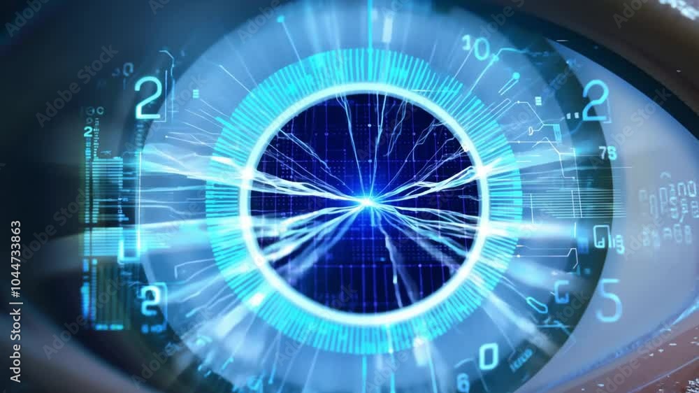 Poster woman's eye showcases a futuristic digital scanning system, featuring advanced data analysis and pro