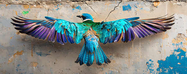  A colorful image of a lilac-breasted roller bird with wings spread wide, preparing to fly, set against a pastel background, capturing the beauty of its vibrant feathers.