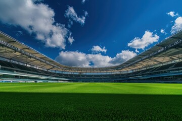 Bright Stadium Under Blue Sky and Fluffy Clouds