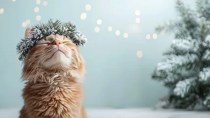 Festive feline a charming cat adorned with a holiday wreath against a soft backdrop of twinkling lights and evergreen foliage