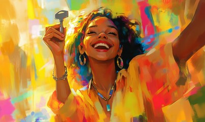 Obraz premium Smiling woman holding key, colorful background.