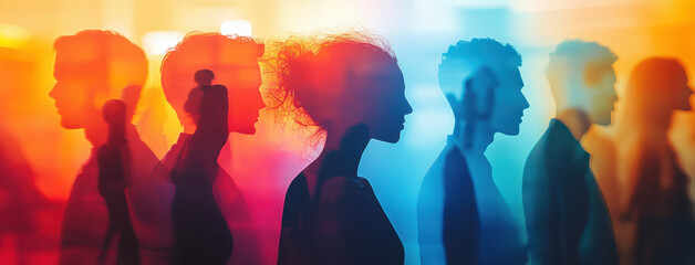 vibrant double exposure illustration showcasing silhouettes of people in business network setting, conveying connection and collaboration. colorful background enhances emotional expression of unity