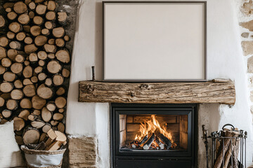 A rustic fireplace with a wooden mantel, stacked firewood, and stone accents creating a warm and cozy atmosphere ideal for a winter setting
