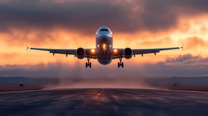 Airplane taking off at sunset over the runway