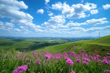 Scenic Landscape with Wind Turbines and Pink Flowers