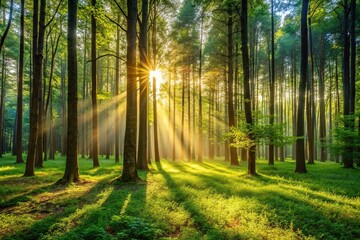 Silhouette of quiet forest at sunrise with sunlight filtering through trees