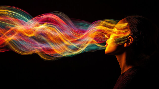 An abstract image of colorful waves flowing through a person's silhouette, illustrating the movement of telepathic energy 