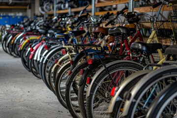 Many colorful bicycles are parked in a row in a storage room or shop