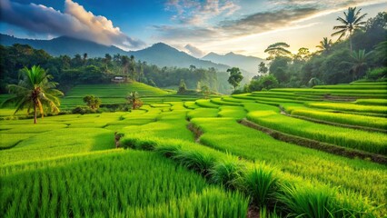 Fototapeta premium Tranquil meadow of emerald green rice stretching to the horizon
