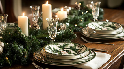 Fototapeta premium beautifully set holiday table with elegant dishes and candles creates warm atmosphere