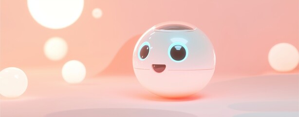A simplified digital assistant icon floating in a pastel-colored environment, with soft shadows and glowing highlights to suggest functionality. 