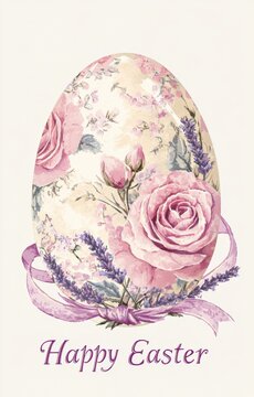 A beautifully decorated Easter egg with floral patterns and a ribbon on a light background