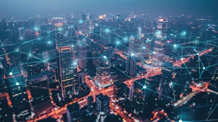 Fototapeta premium Night city view from above with future digital connections.