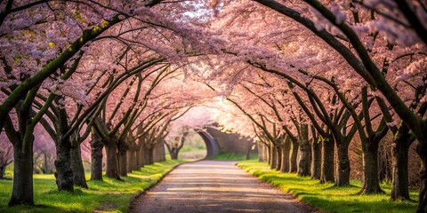Tranquil pathway surrounded by cherry blossom arch silhouette