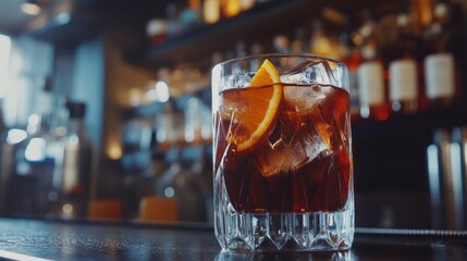 Dry gin, vermouth, bitter, espresso, liqueur, orange, and ice are the ingredients of the coffee negroni red cocktail. Background of a black bar counter