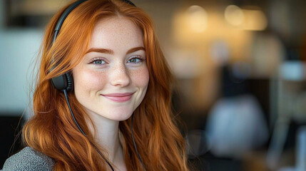 Obraz premium Young smiling redhead woman wearing earphones, headphones 